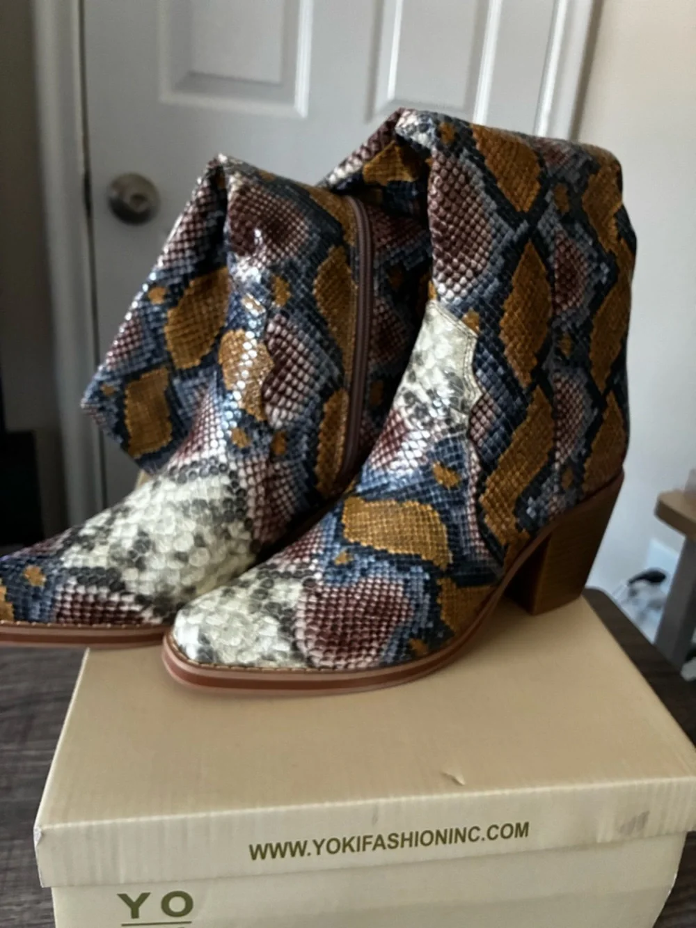 Yoki Multicolor Snake-Print Knee Boots - Brown, Tan, Black, Cream - Picture 3 of 6